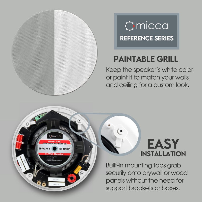 Micca Reference Series R-8C 2-Way in Ceiling in Wall Speaker, 8 Inch Woofer, 1-Inch Pivoting Aluminum Dome Tweeter, Tone Controls, 9.5-Inch Cutout Diameter, Each, White - Image 3
